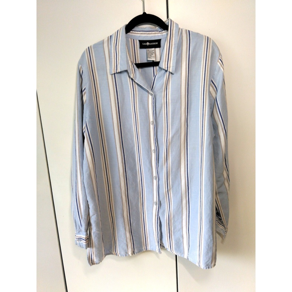 Womens Linen Blend Striped Button Down Shirt Size XL Coastal Nautical Resort